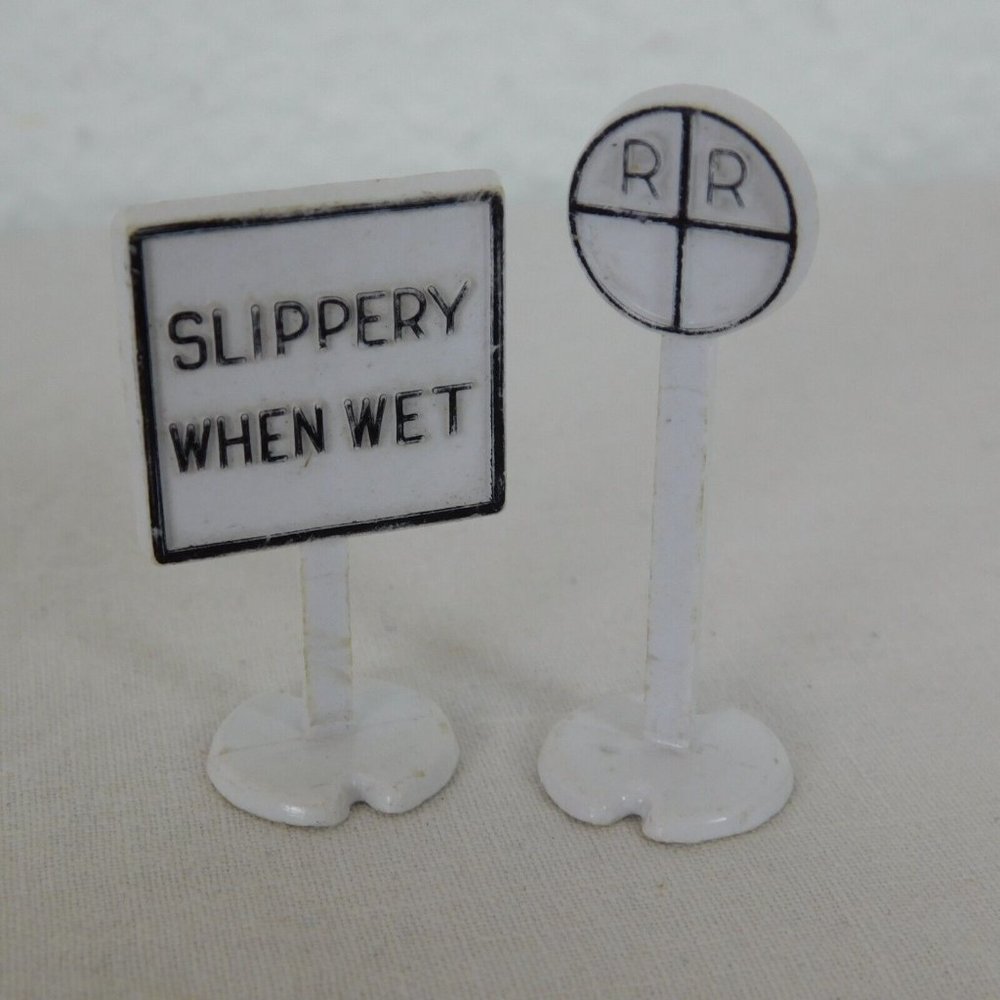 Christmas Village Signs Lot of 2 Slippery When Wet 1.5" tall RR crossing 1.75"